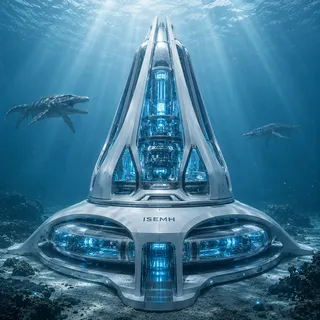The Settled Bunker: a grounded ISEMH node, a finned tower on a cluster of glowing habitat lobes.