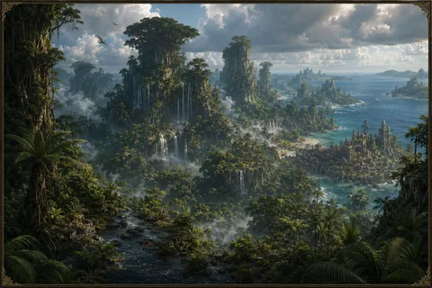 The Baramman canopy interior, green pillars rising into mist.