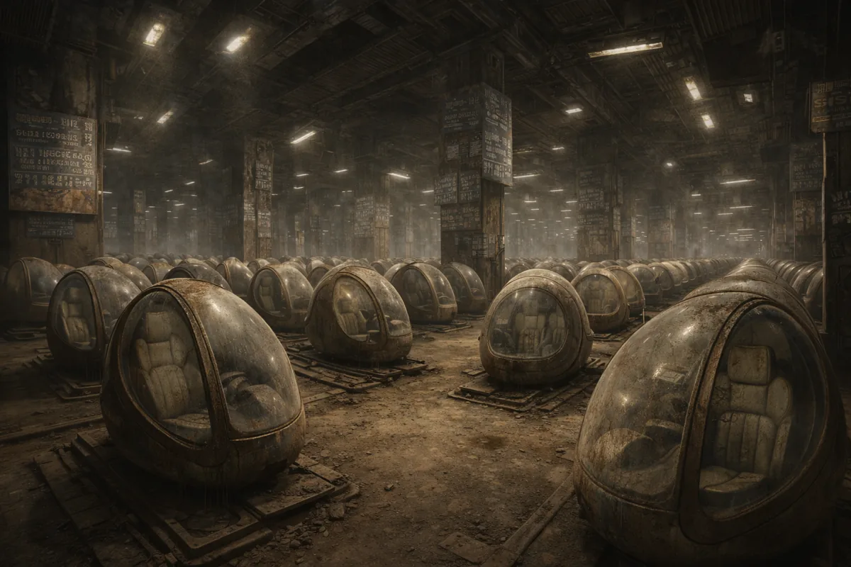 En hall av Skyseed-kapslar under pelare täckta av gammal skrift