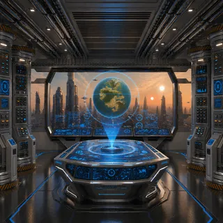 An ISEMH command room, a planet hologram turning above the central console - the system is planet-scale.